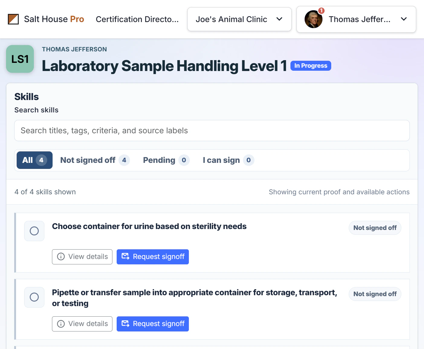 Training assignment showing skill progress and signoff requirements