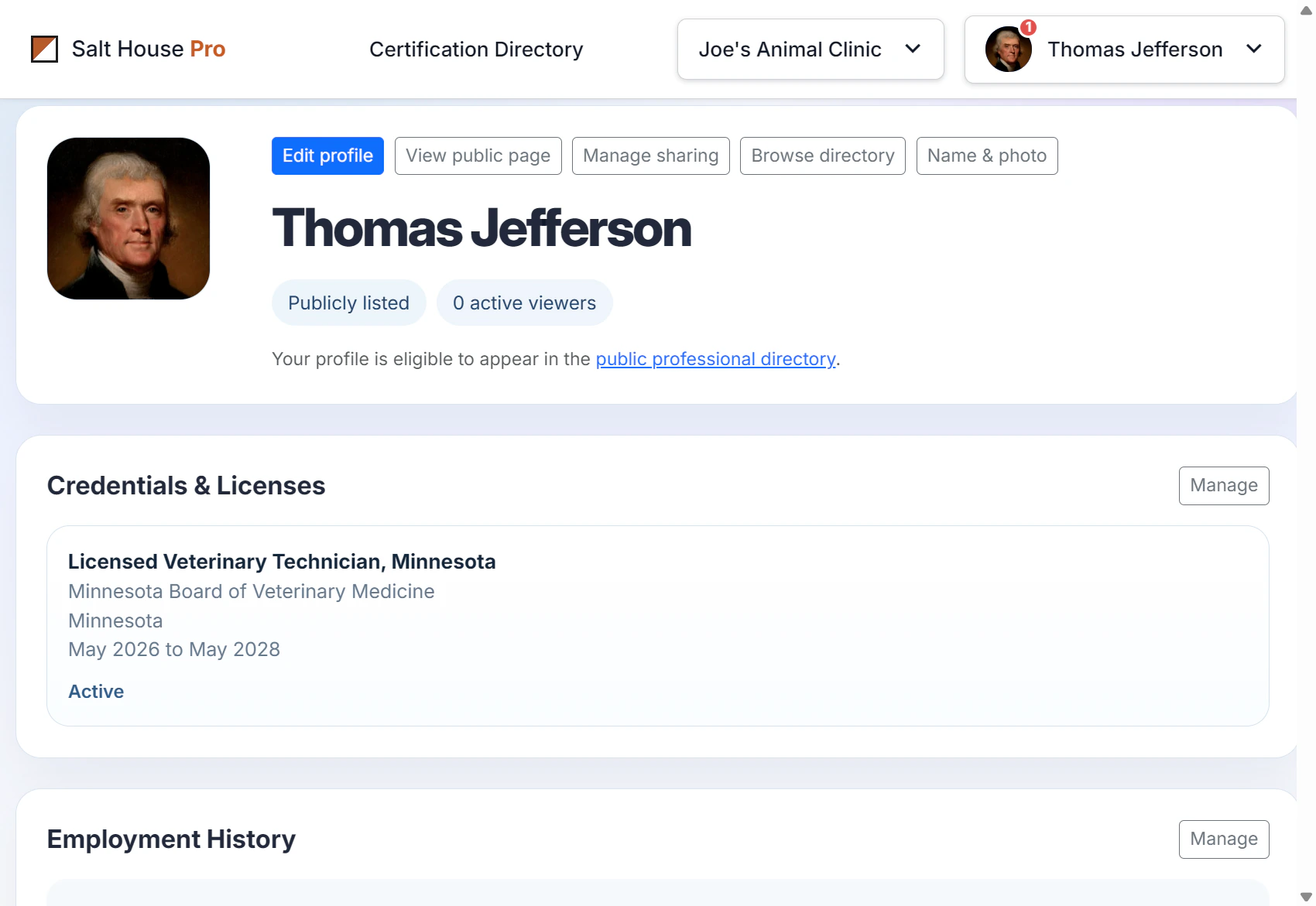 Professional profile showing certifications, work history, credentials, and continuing education