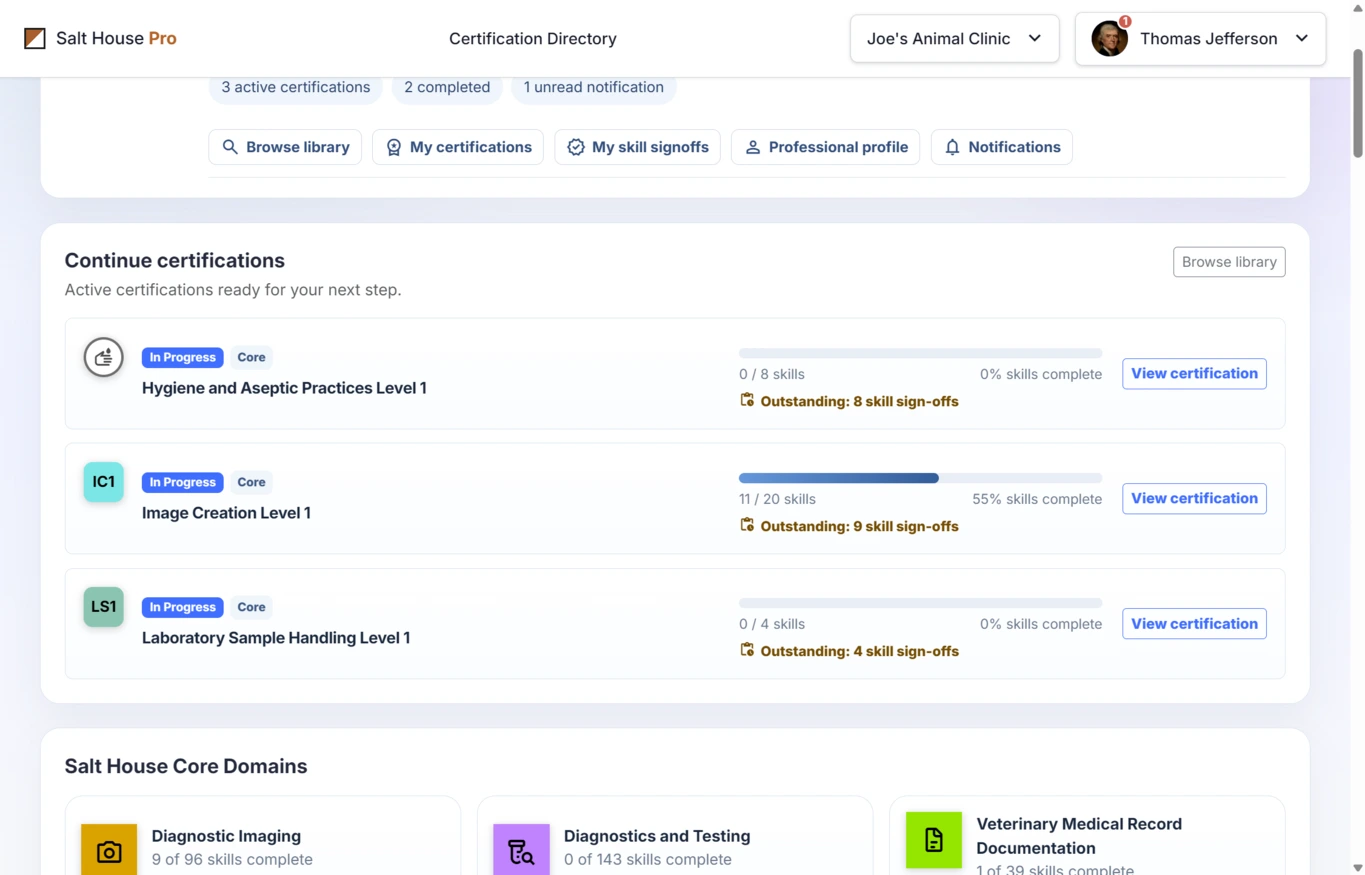 Certification progress with completed skills and pending requirements
